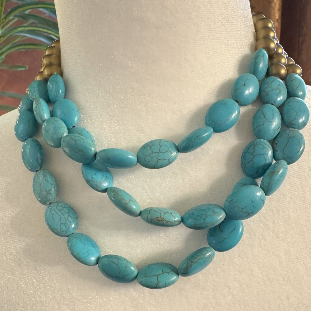 Three-Layer Gold and Turquoise Beaded Necklace